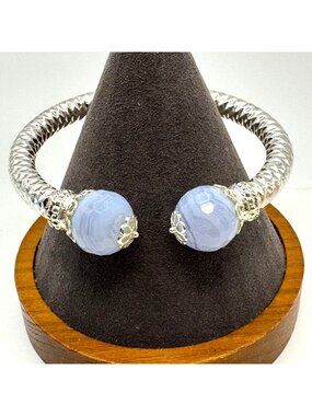 VTG Solid Sterling Silver 925 Lace Agate Open Cuff Bracelet Size 7.5" FIt